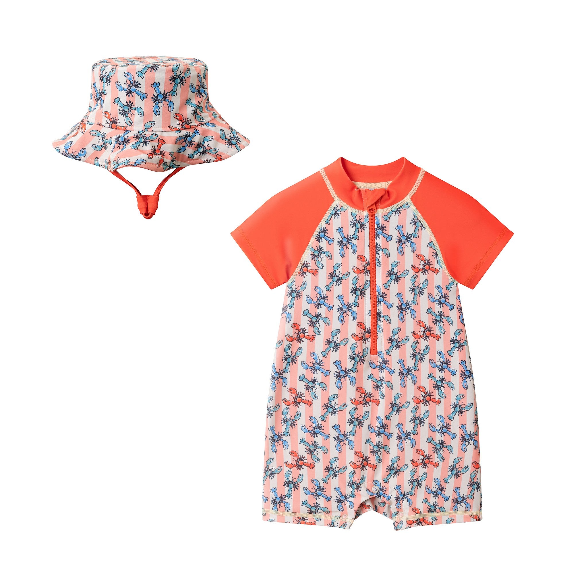 Infant Boys Orange Lobster Short Sleeve Swim Romper W/ Hat - 18/24M / Orange