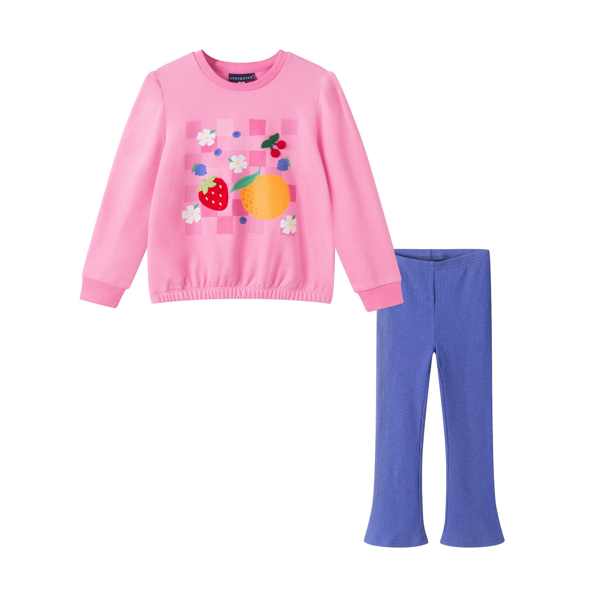Girls Pink Graphic Sweatshirt & Blue Flare Legging Set | Pink Fruit - 4T / Pink