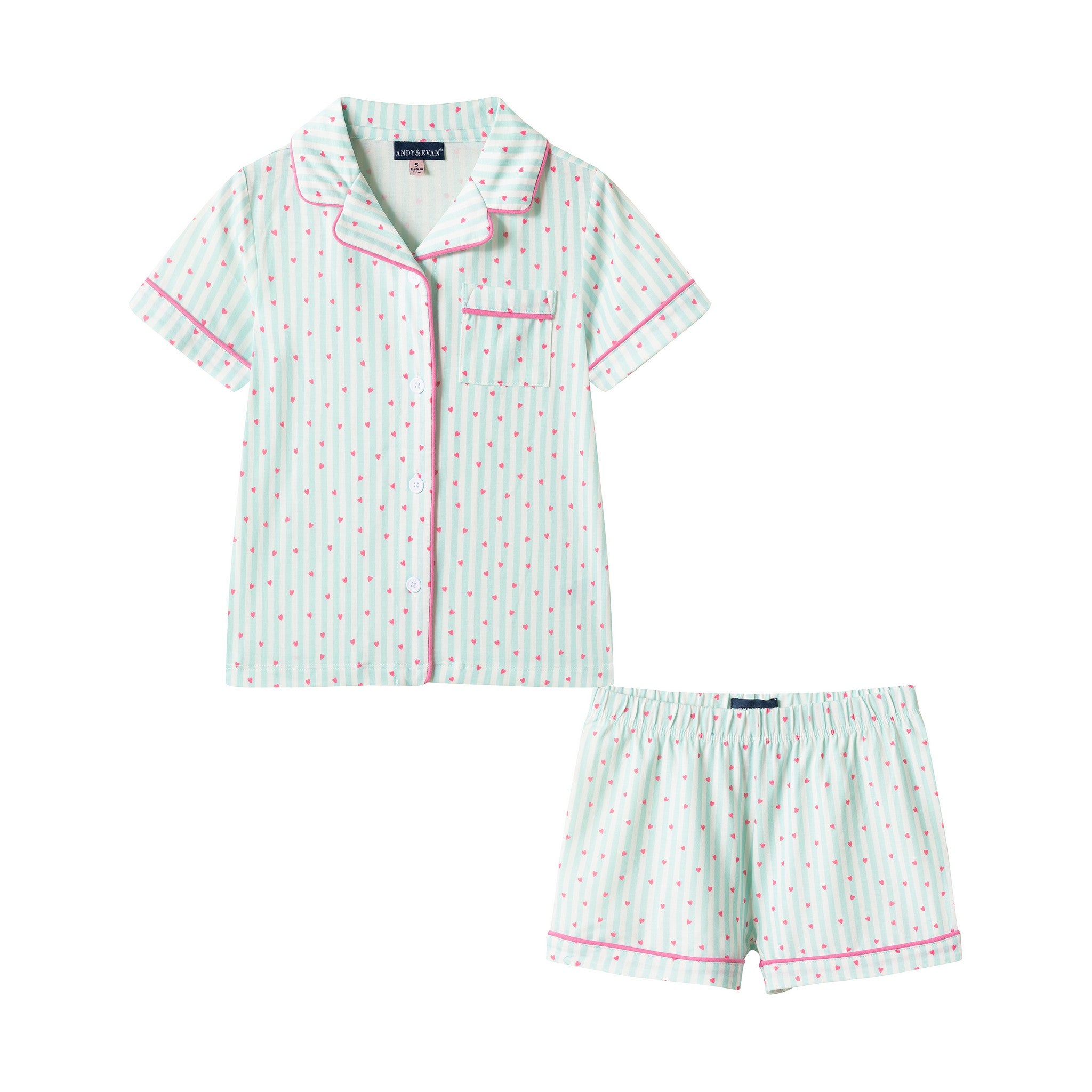 Girls Pink Buttondown Pajama Set |Striped Hearts - 4T / Green