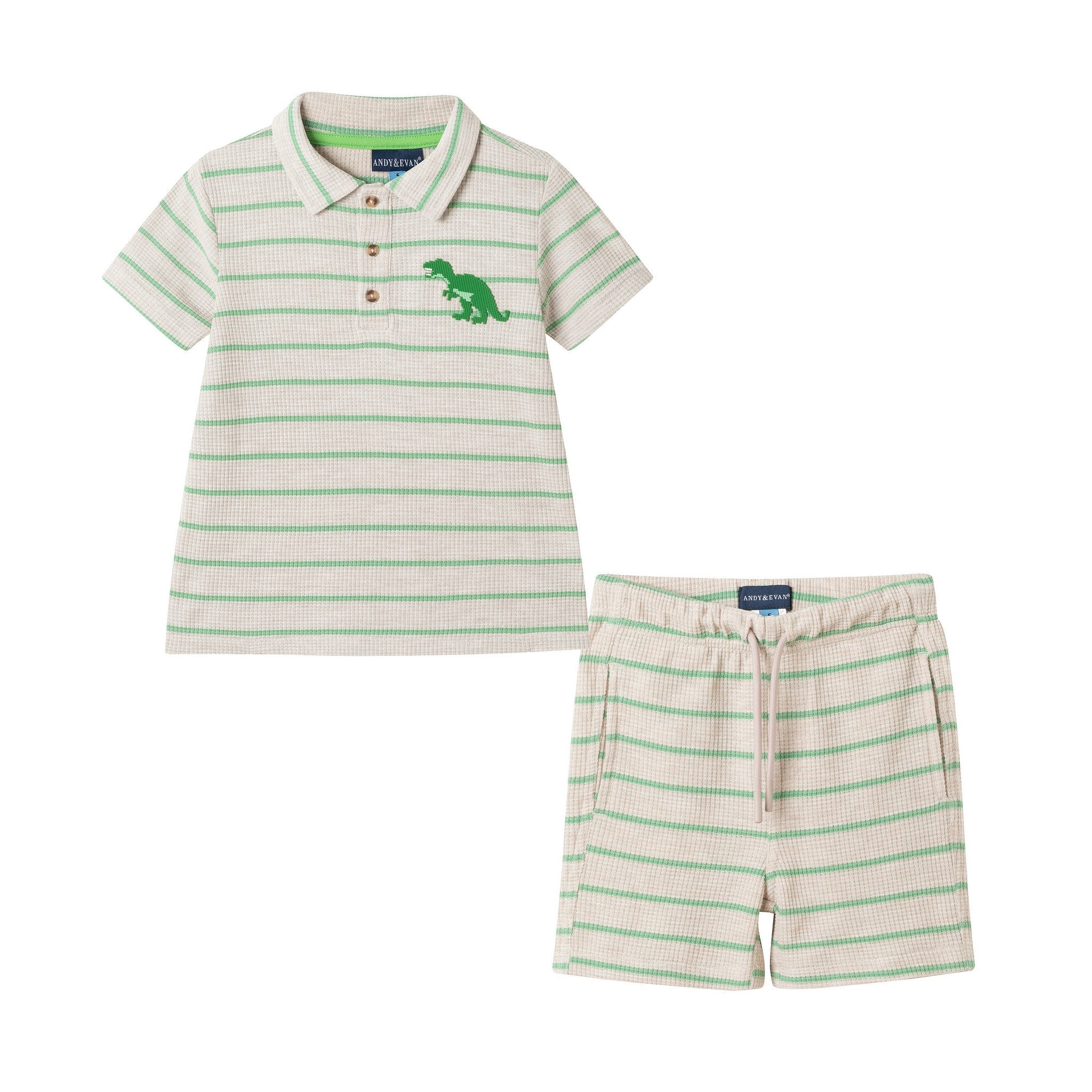 Boys Striped Waffle Polo Set | Oatmeal Dino - 7 / Beige