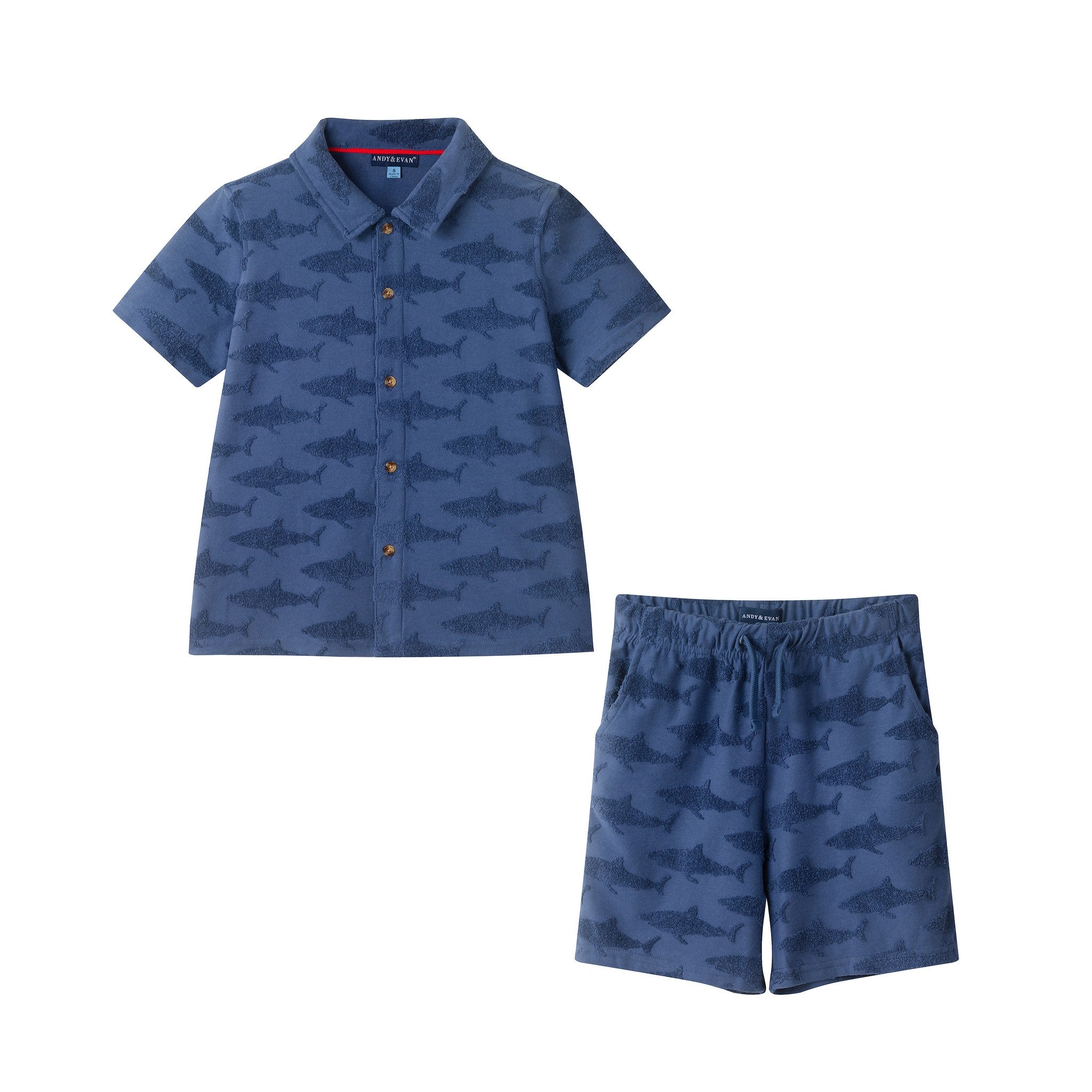 Boys Navy Shark Reverse Jacquard Buttondown Set - 7 / Navy
