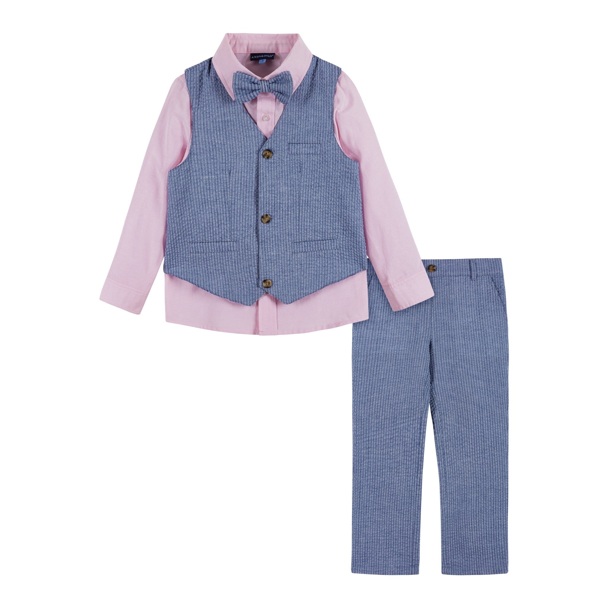 Boys Seersucker Vest Suit Set | Blue & Pink - 7 / Blue