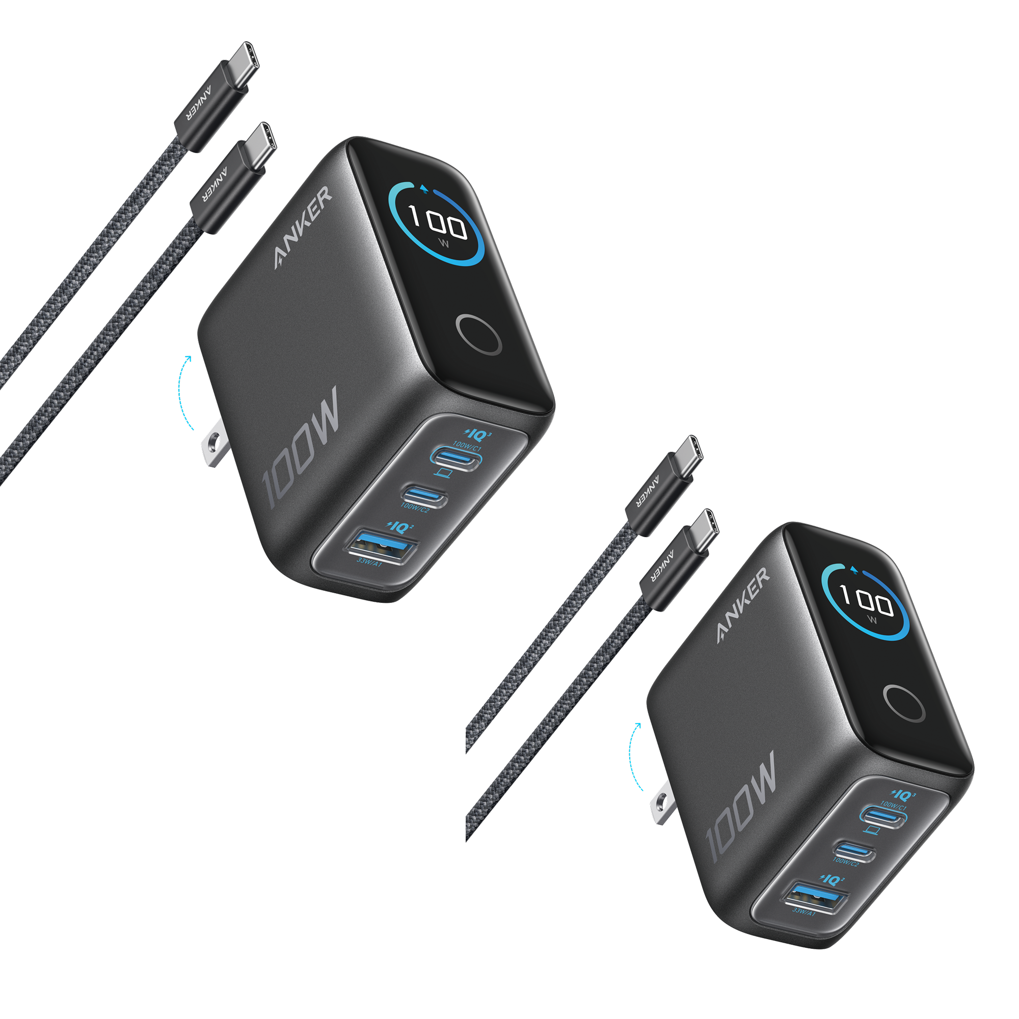 Anker Charger (100W, 3 Ports, Smart Display) 2-Pack Space Black