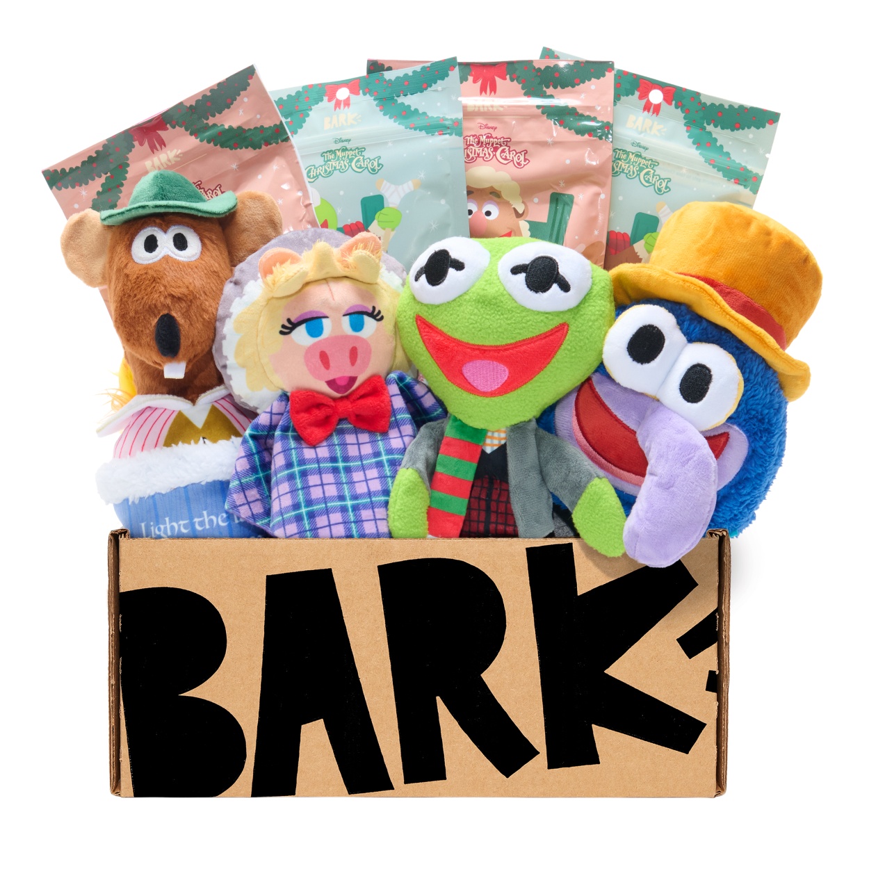 BARK 6 Month Subscription - The Muppet Christmas Carol Double Deluxe First Box - BarkBox / Medium Dog / Super Obsessed: 4 Toys, 4 Treats, 1 Chew - Allergy