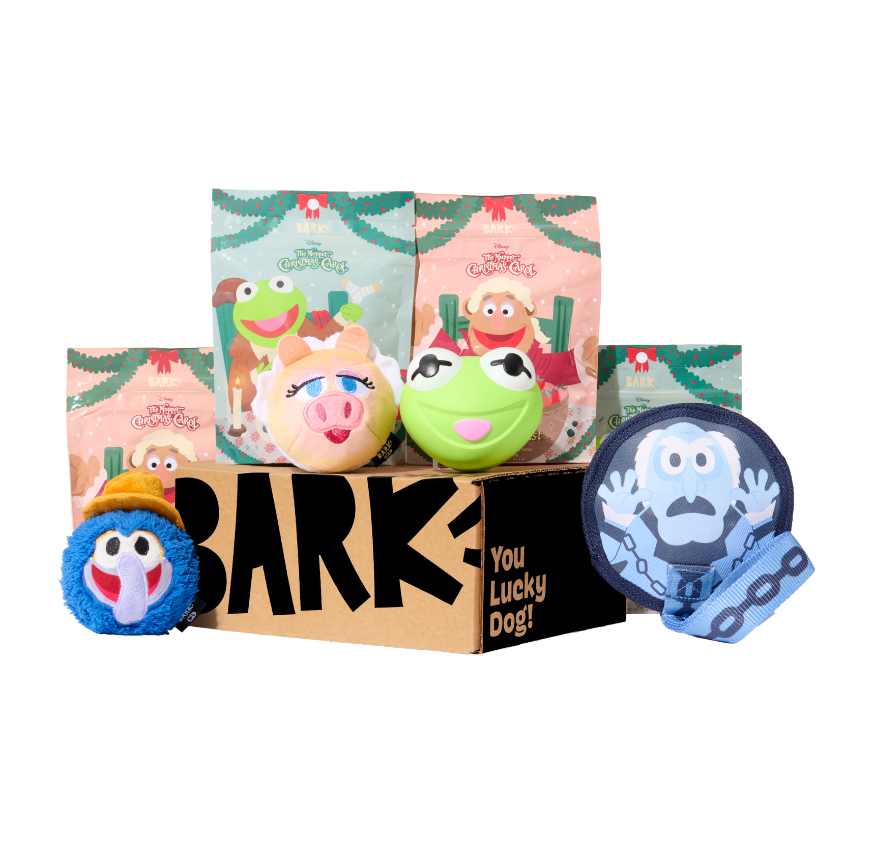 BARK 6 Month Subscription - The Muppet Christmas Carol Double Deluxe First Box - Super Chewer / Medium Dog / Love: 2 Toys, 2 Treats, 1 Chew - Allergy Free
