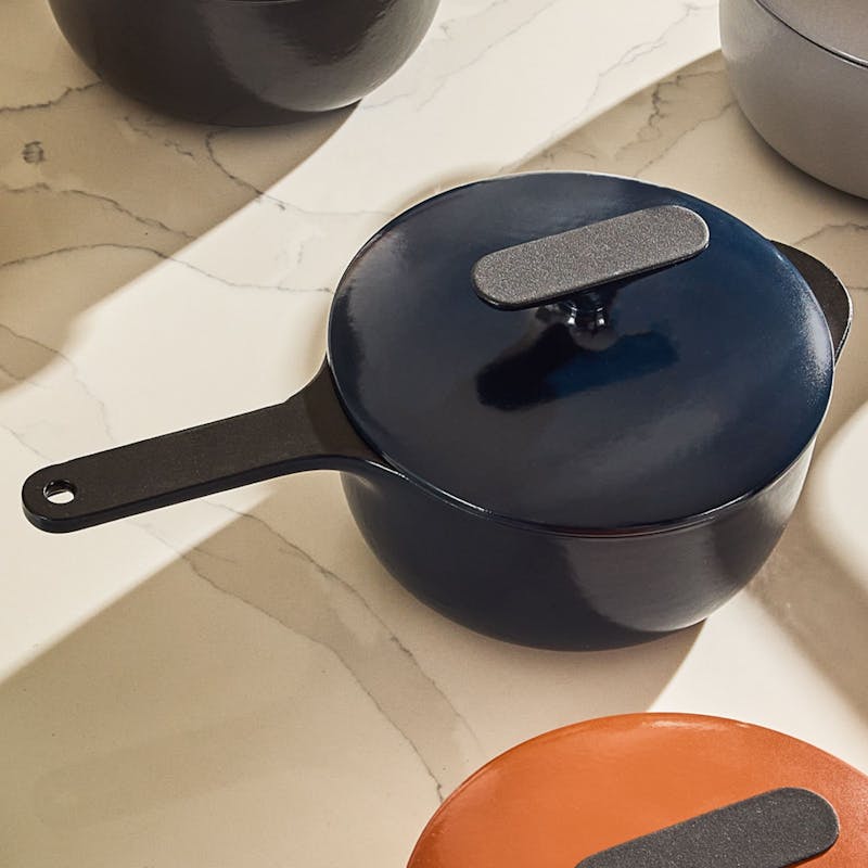 Caraway 1.8 qt Enameled Cast Iron Mini Sauce Pan in Midnight Blue I No Seasoning Required