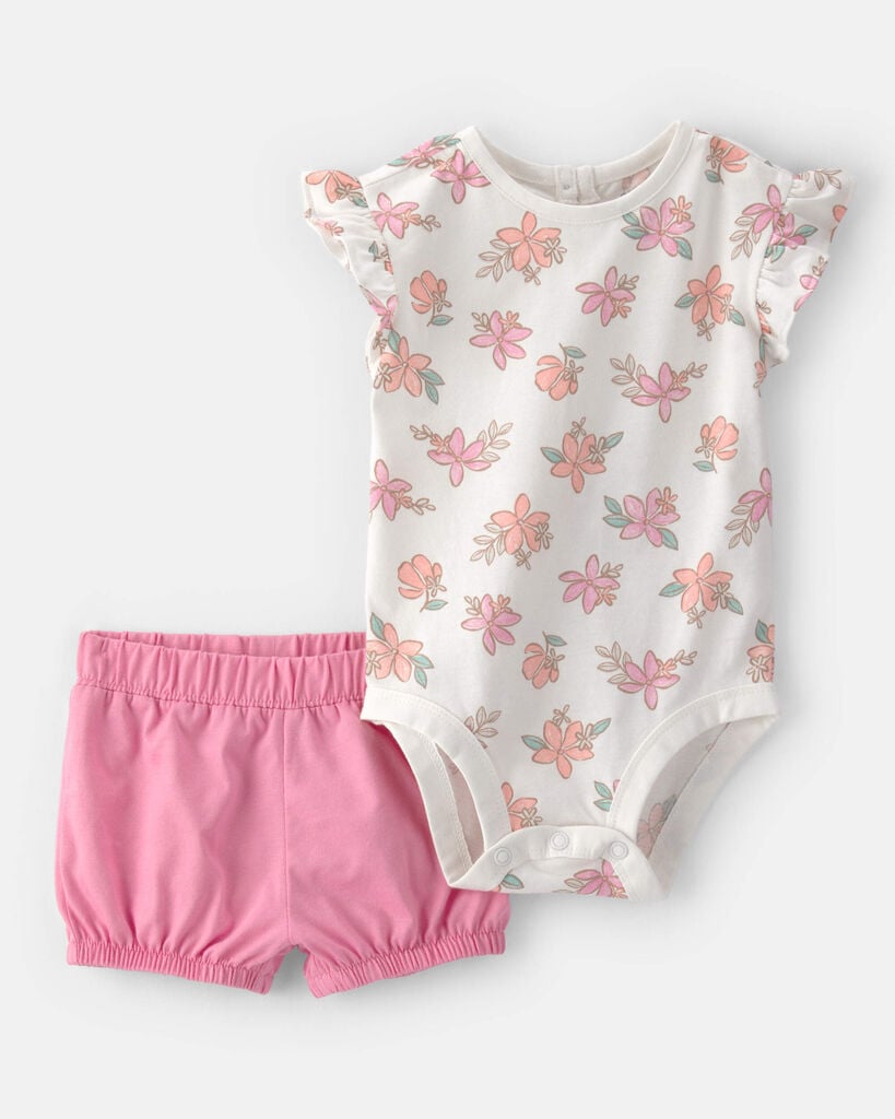 Carter's baby girl 2-piece floral short-sleeve bodysuit & short set 12M Pink/White