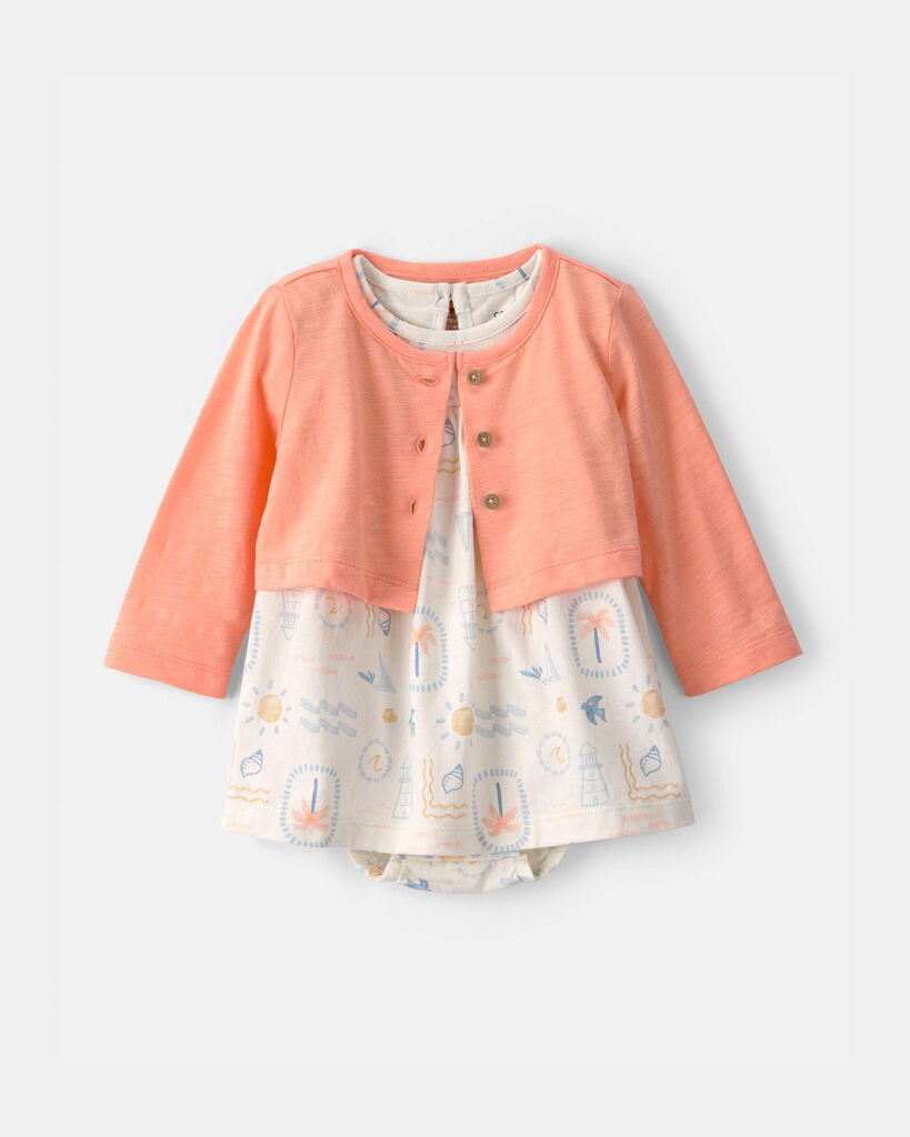 Carter's baby girl 2-piece beach cardigan & bodysuit dress set 12M Orange/Ivory