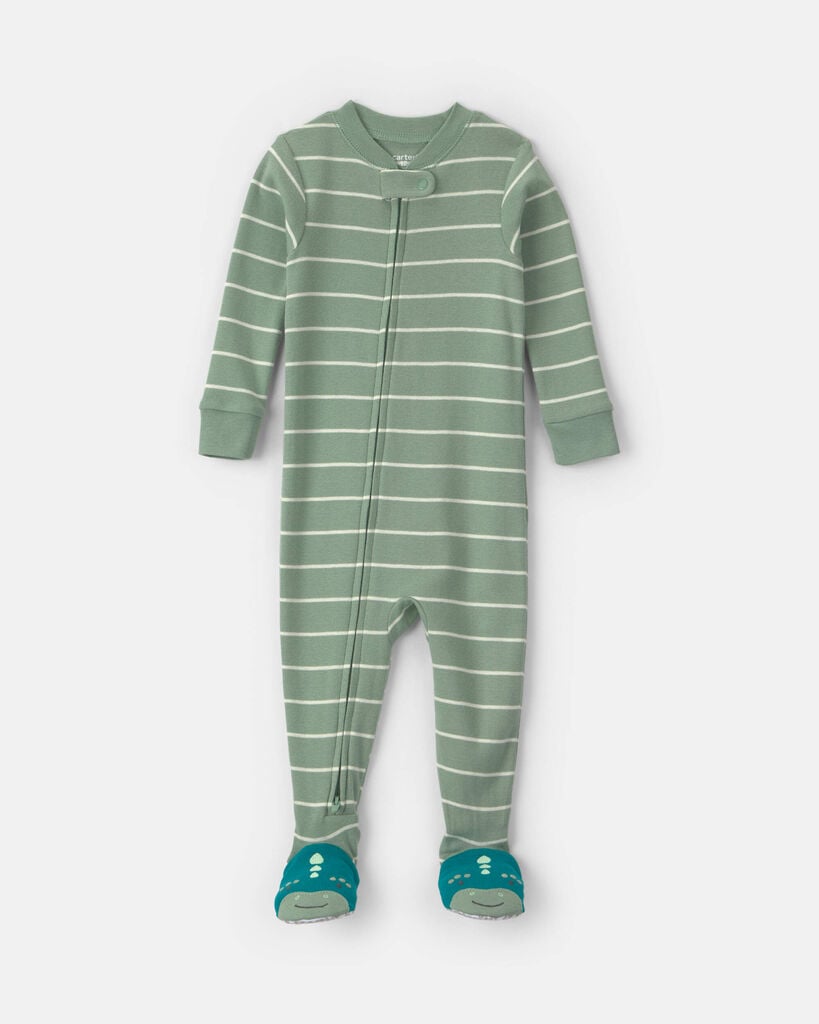 Carter's baby boy 1-piece dino striped 2-way zip 100% cotton snug fit footed pajama 12M Green