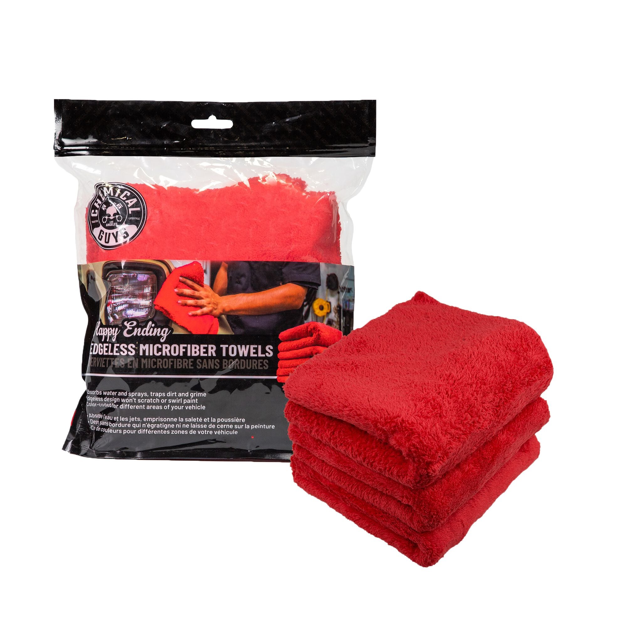 Happy Ending Edgeless Microfiber Towel For Car Washs, 16"x16" (3 Pack), Red | Chemical Guys