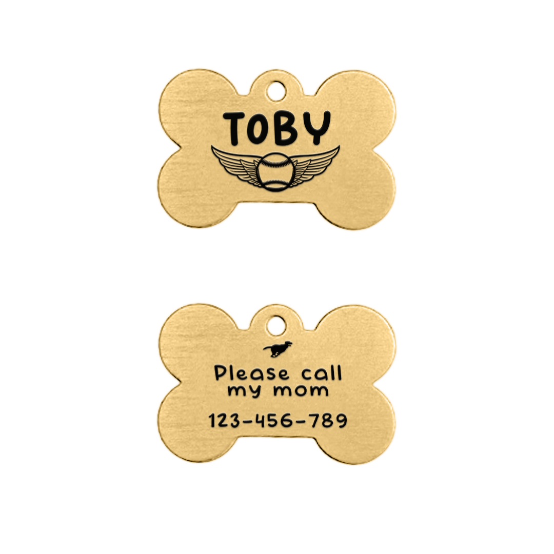 Dog Bone Pet Tag - Gold / Winged Baseball / Running Dog