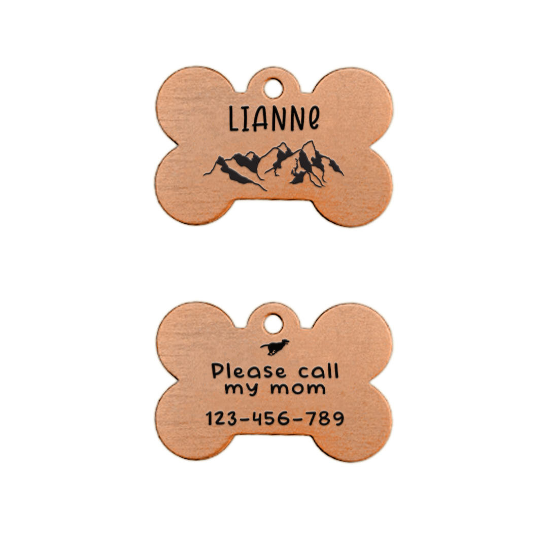 Dog Bone Pet Tag - Rose Gold / Mountain / Running Dog