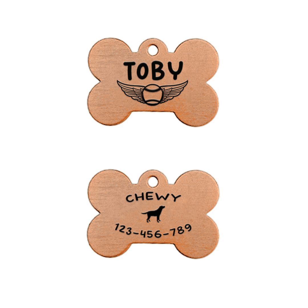 Dog Bone Pet Tag - Rose Gold / Winged Baseball / Standing Dog