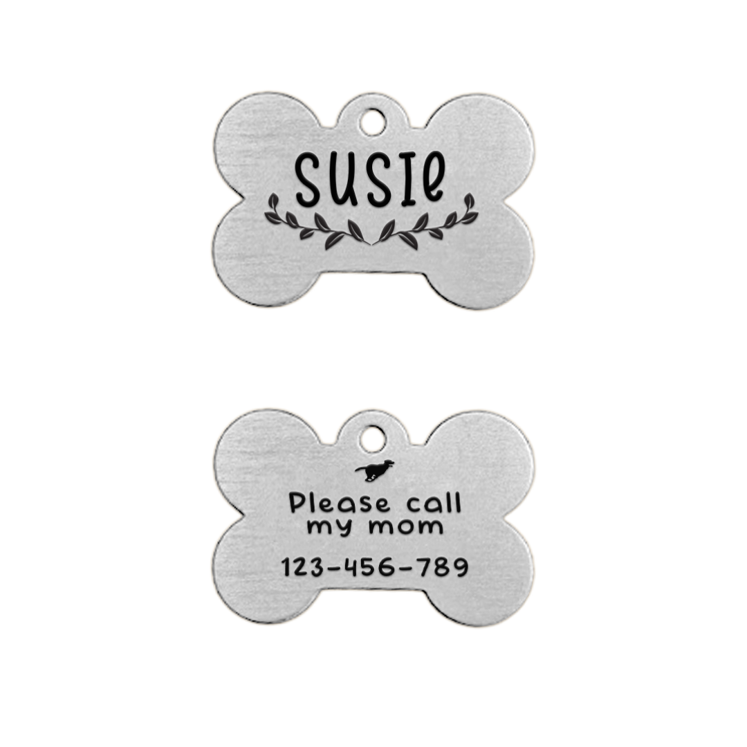 Dog Bone Pet Tag - Silver / Leaves / Running Dog