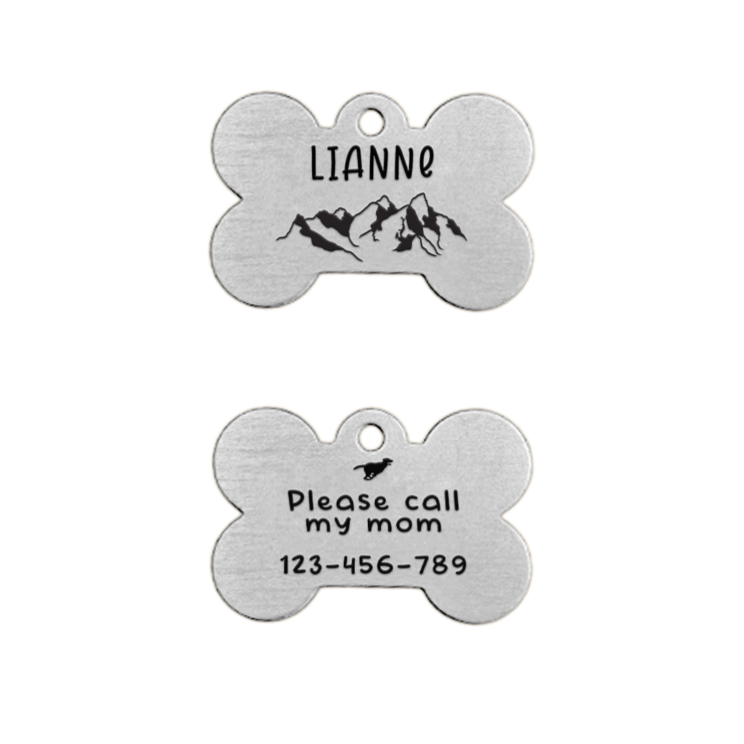 Dog Bone Pet Tag - Silver / Mountain / Running Dog