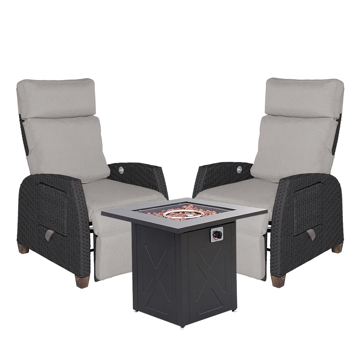 MOOR indoor and outdoor wicker extra long lounge chair with cushion and fire table set Cool Grey-3PCS