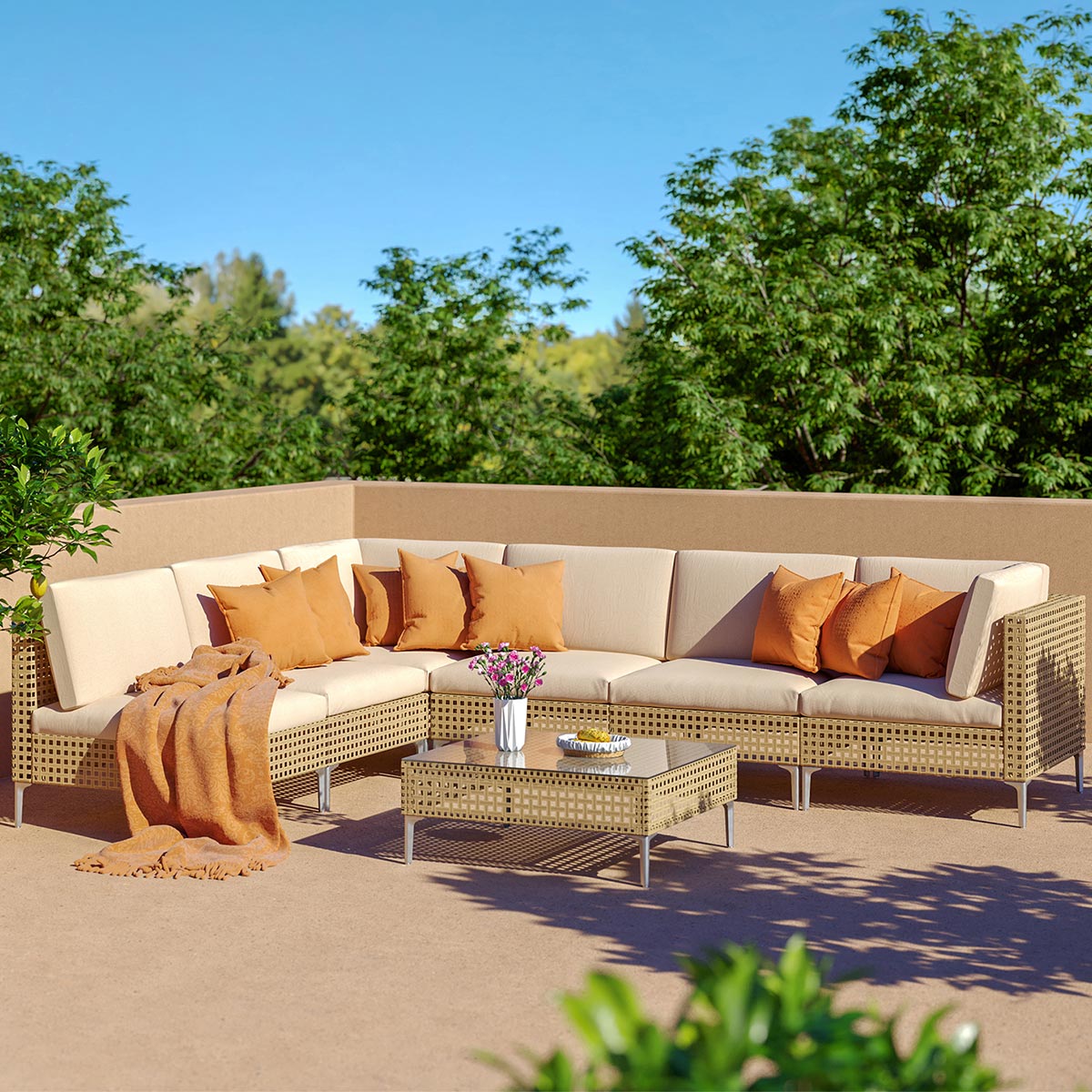 Wicker Patio Furniture Set, All Weather Outdoor Sectional Sofa with Beige Thick Cushions and Coffee Table 7PCS