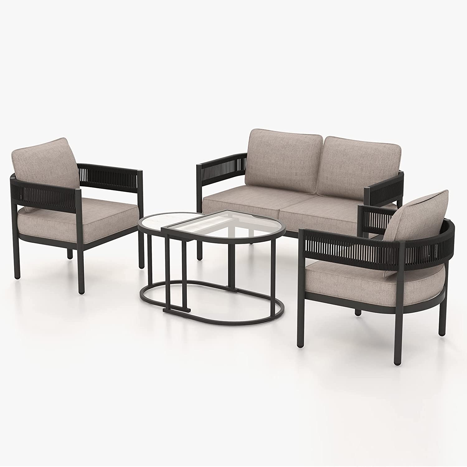 5-Piece Outdoor Conversation Set, Woven Wicker, Steel Frame, with Olefin Cushions and Nested Table, Patio Furniture for Backyard, Beige