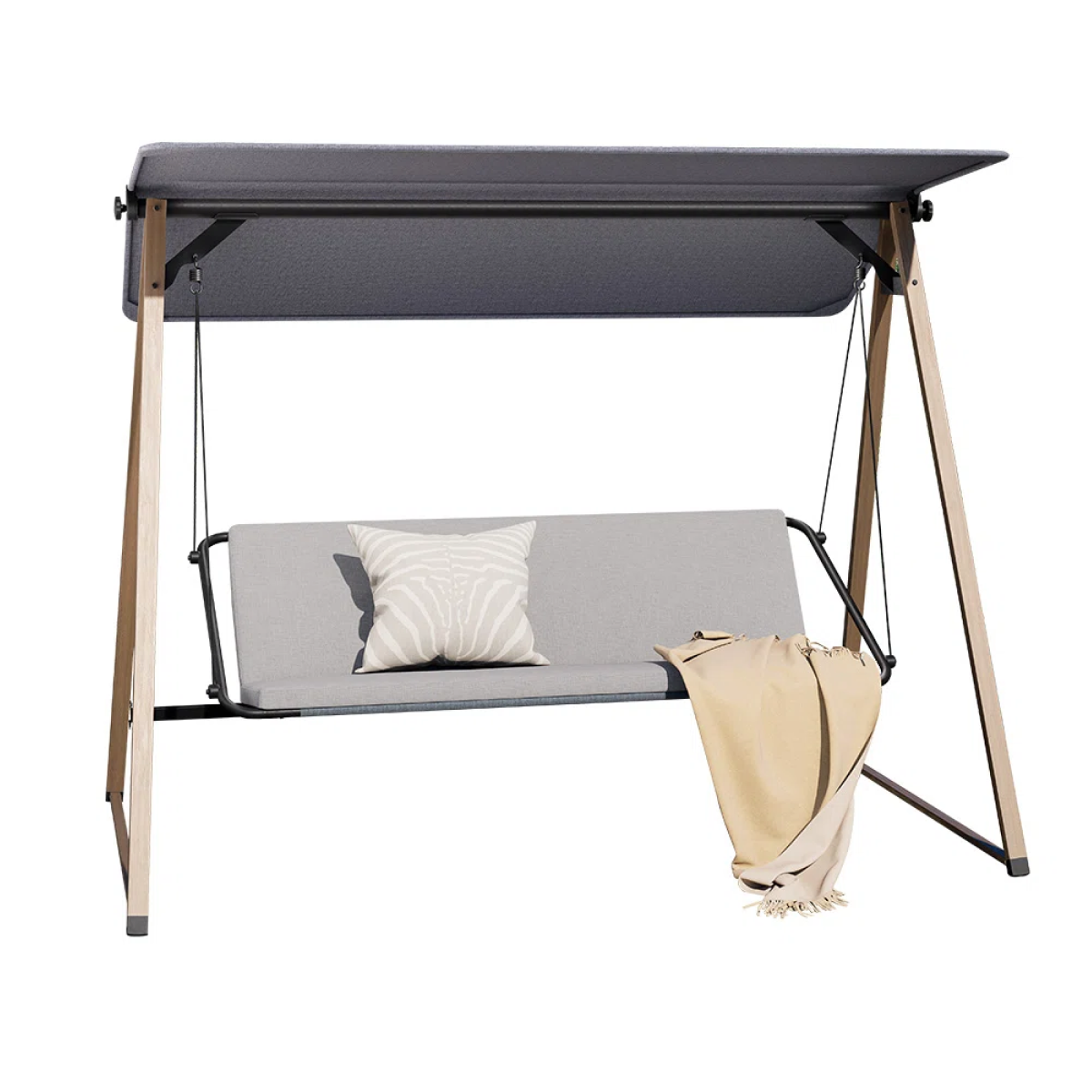 Outdoor 3-Seat Steel Adjustable Canopy Porch Swing with Removable Cushion for Lawn Backyard Garden Poolside