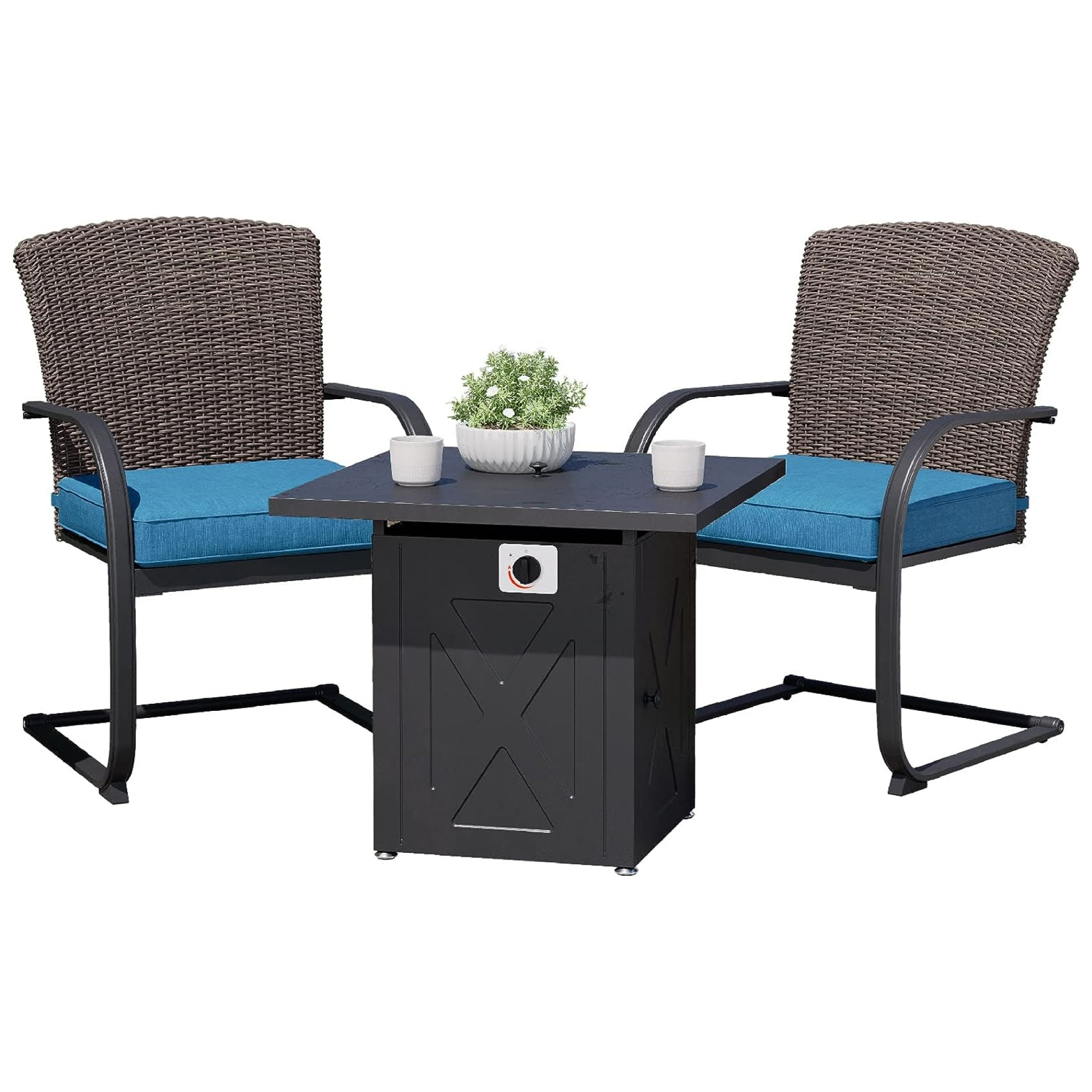 3-Piece Fire Pit Chat Set, 2 Dining Chairs with 28-Inch Propane Gas Fire Pit Wicker Chairs Peacock Blue