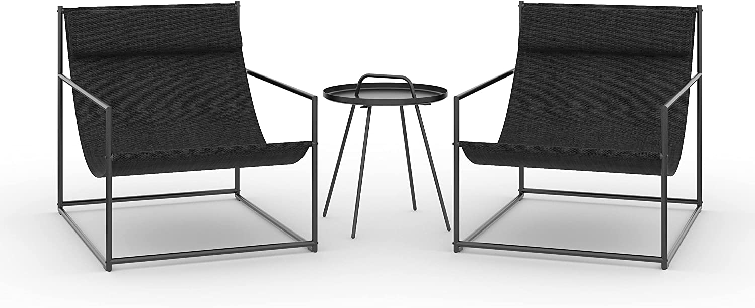Outdoor Lounge Chair Steel Olefin Fabric Modern Sling Armchair Black 3PCS