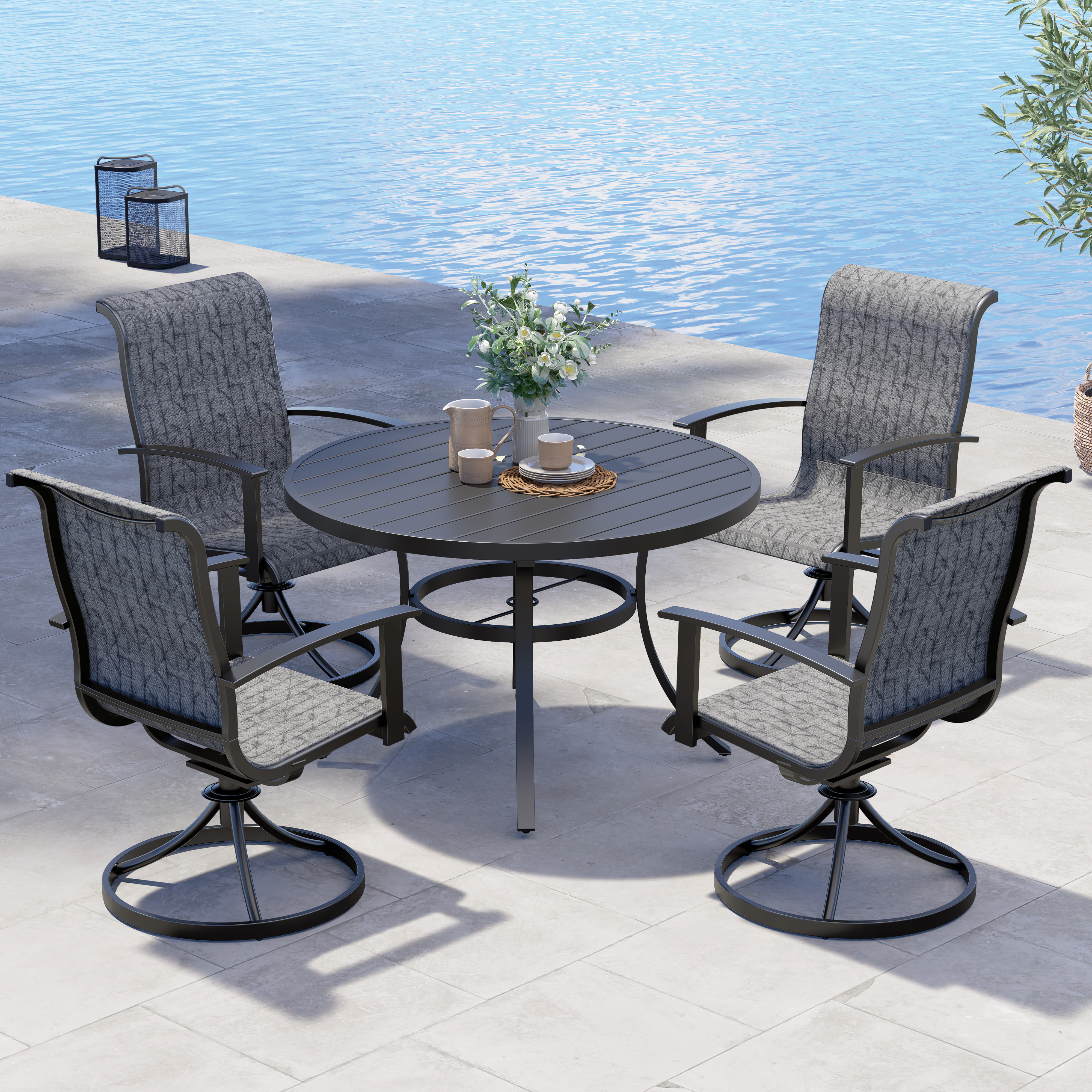 Outdoor Dining Set - Black & Grey Plaid Black & Grey Plaid-Round