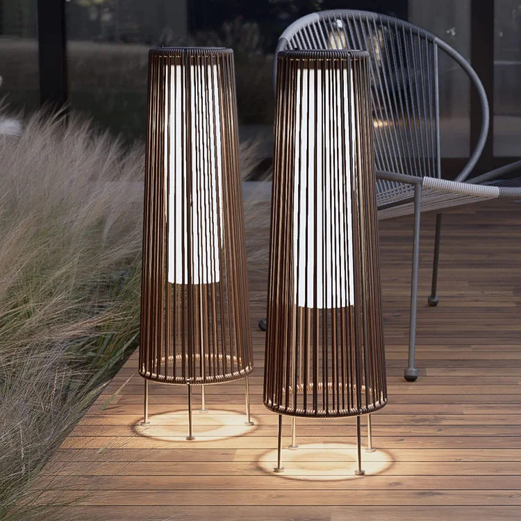 GORDES Solar-powered Woven Wicker Floor Lamp 2PCS Grey-2PCS