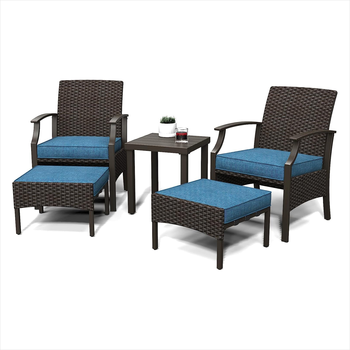 Outdoor Furniture Sets Weather Resistant Wicker Outdoor Patio Chairs with Ottomans and Coffee Tables for Balcony Backyard Garden Poolside Peacock Blue