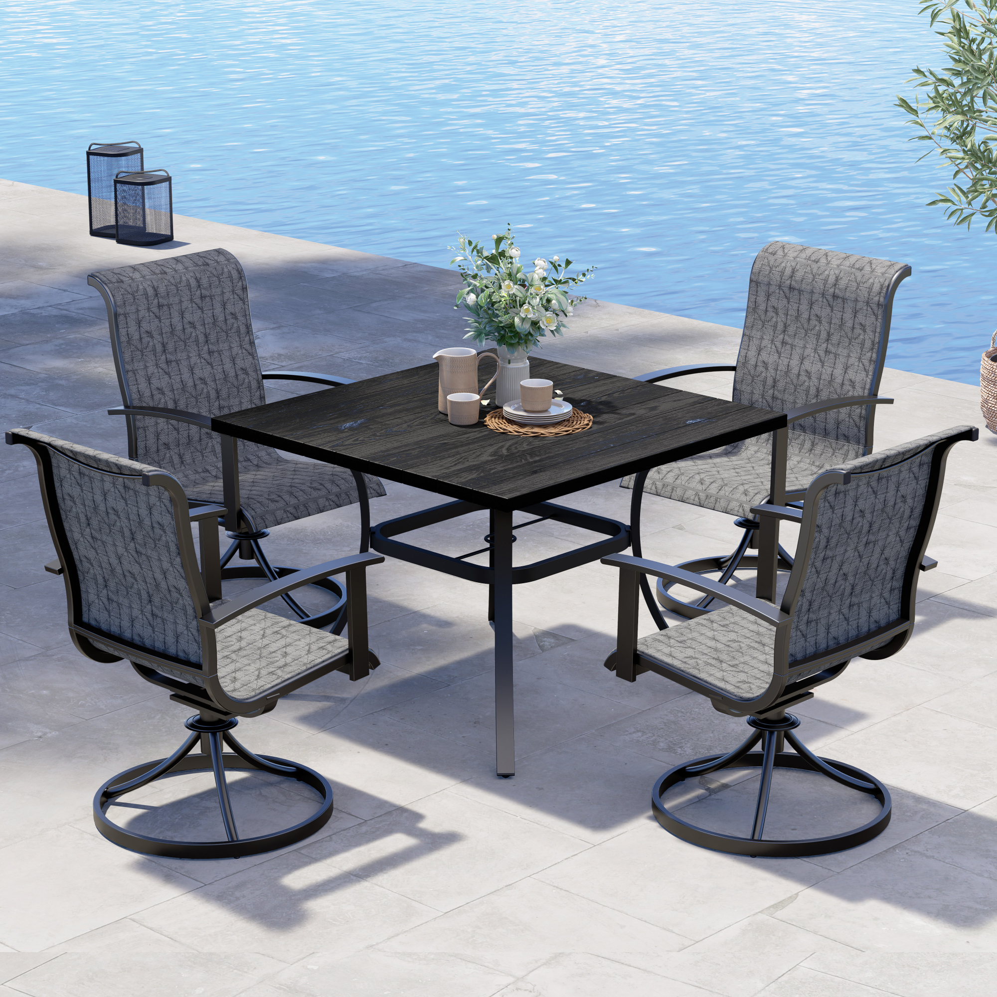 Outdoor Dining Set - Black & Grey Plaid Black & Grey Plaid-Square