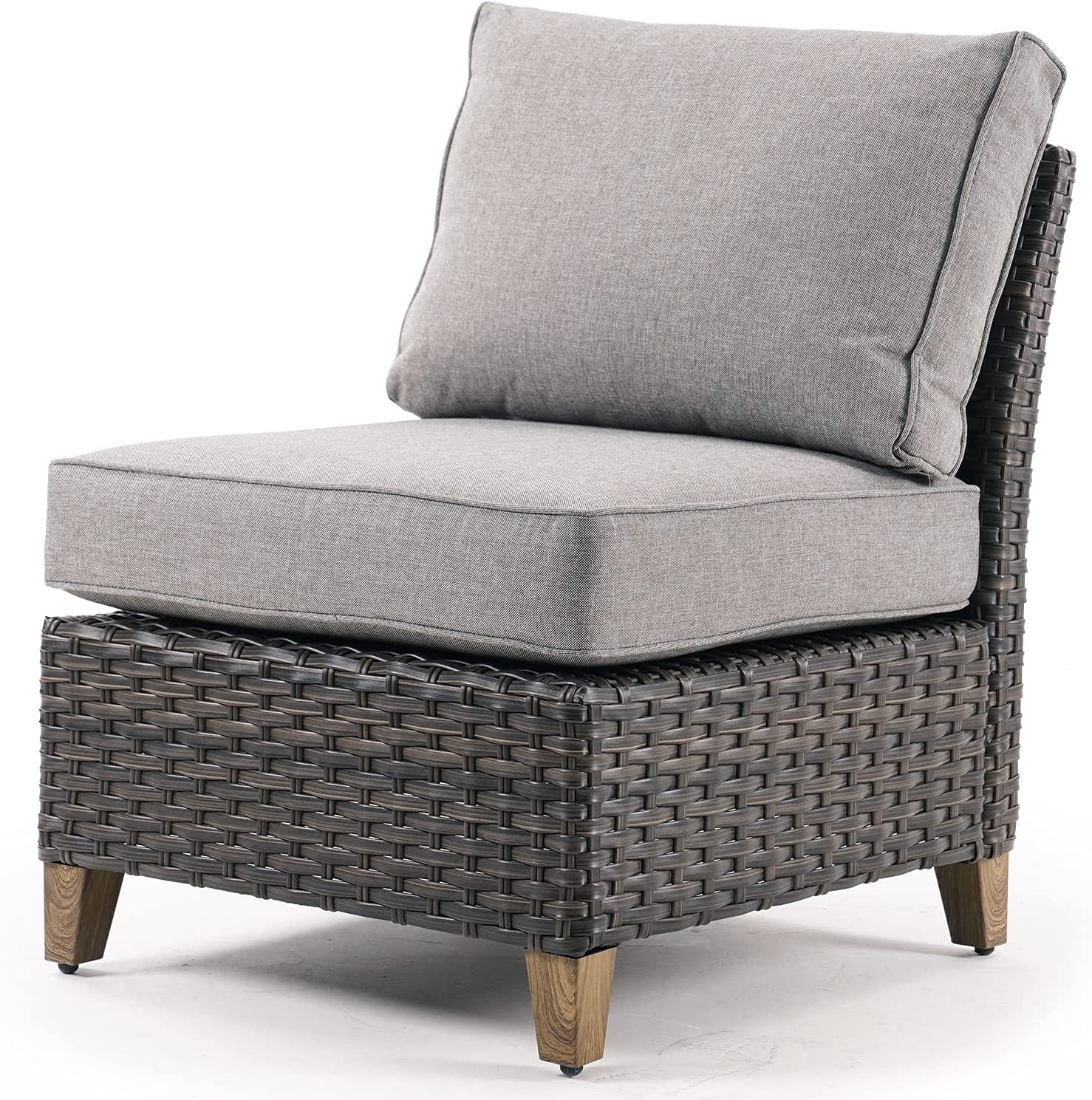 Outdoor Patio Wicker Sectional Sofa Modular Furniture Set with Thick Cushions and Steel Frame for Deck Porch Poolside Garden Gray-Armless Sofa