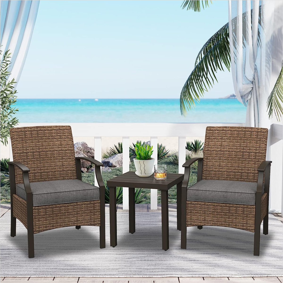 Outdoor Furniture Sets Weather Resistant Wicker Outdoor Patio Chairs with Ottomans and Coffee Tables for Balcony Backyard Garden Poolside Grey-3PCS