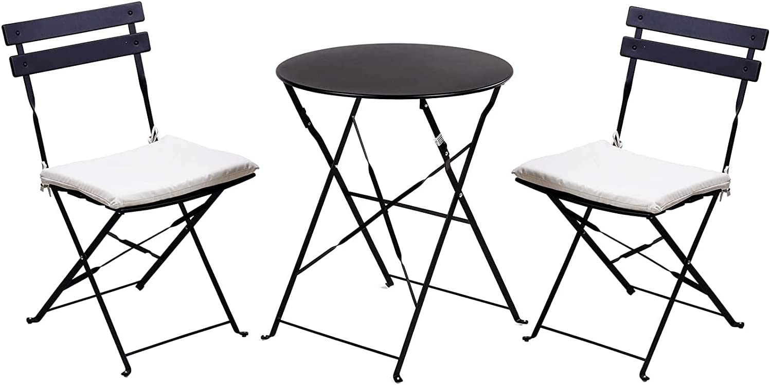 Premium Steel Patio Bistro Set with Cushion 3 Piece Patio Set of Foldable Patio Table and Chairs Black