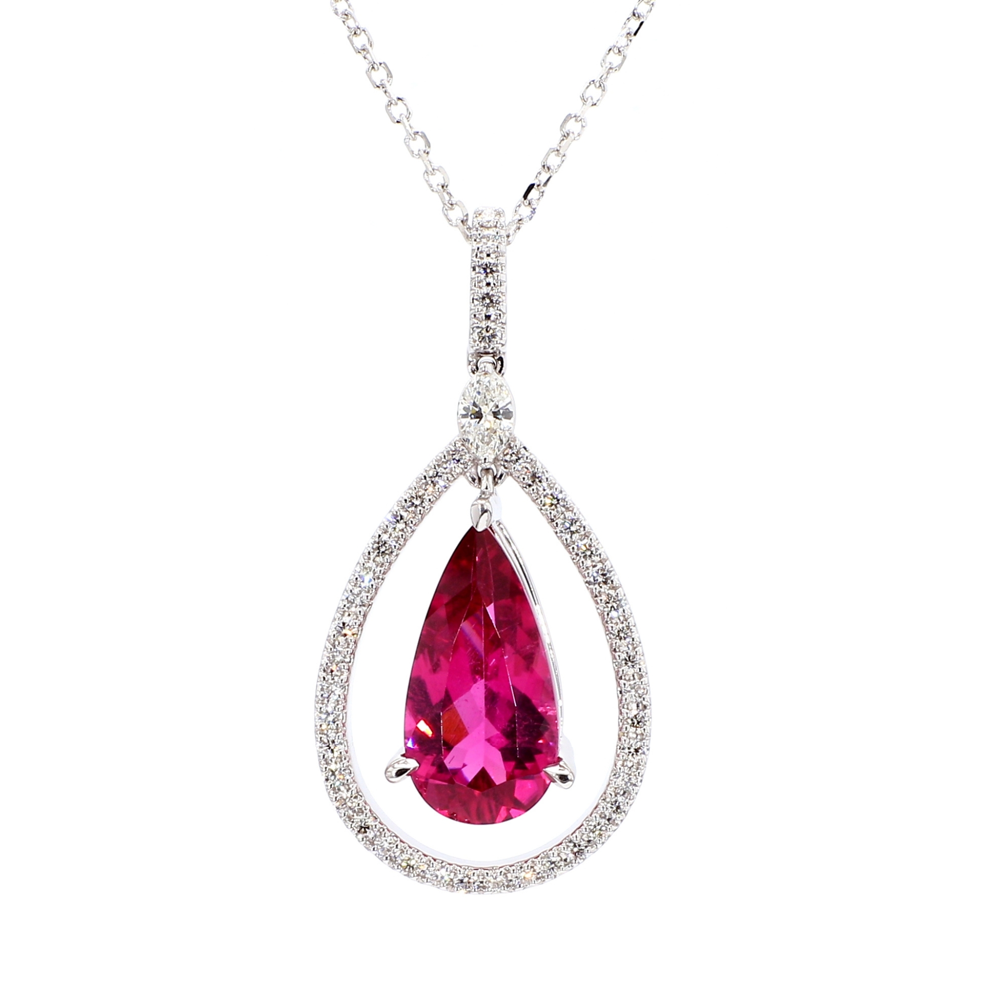 3/8 ct. tw. Pear-Shaped Pink Tourmaline and Diamond Halo Pendant Necklace | 18K White Gold | Size 18" | Luxe Jewelry