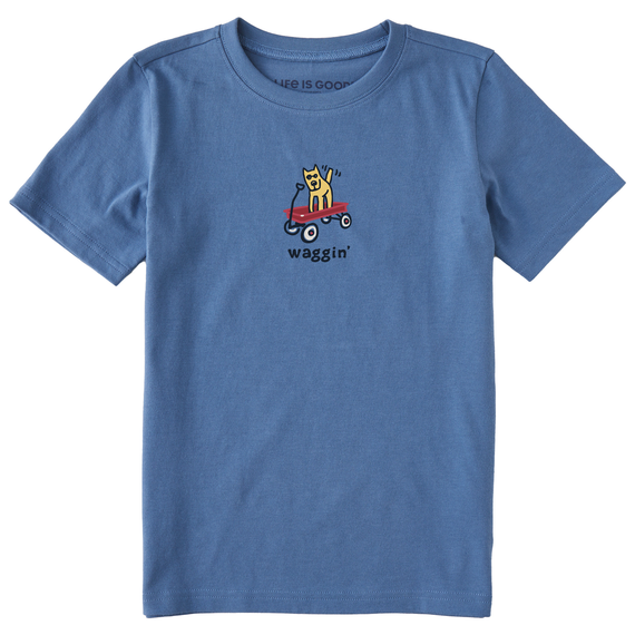 Life is Good Kids Rocket Waggin' Crusher Short Sleeve T-Shirt in Vintage Blue Size 2XL | 100% Cotton