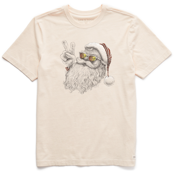 Life is Good Men's Peaceful Santa Short Sleeve Crusher T-Shirt in Putty White Size Large | 100% Cotton