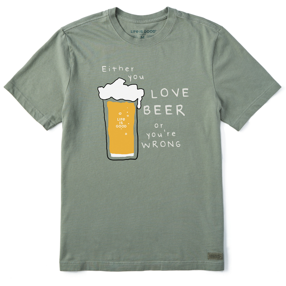 Life is Good Men's Love Beer Short Sleeve Crusher-LITE T-Shirt in Moss Green Size 3XL | 100% Cotton