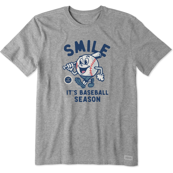 Life is Good Men's Smile It's Baseball Season Mascot Crusher Short Sleeve T-Shirt in Heather Grey Size Medium | 100% Cotton