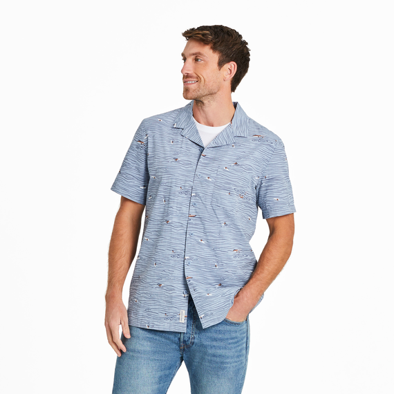 Life is Good Men's Water Sports Pattern Camp Shirt Short Sleeve in Stone Blue Size Large | 100% Cotton