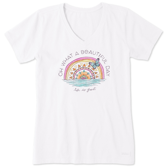 Life is Good Women's Beautiful Day Butterfly Rainbow Crusher Vee Short Sleeve T-Shirt in Cloud White Size Medium | 100% Cotton