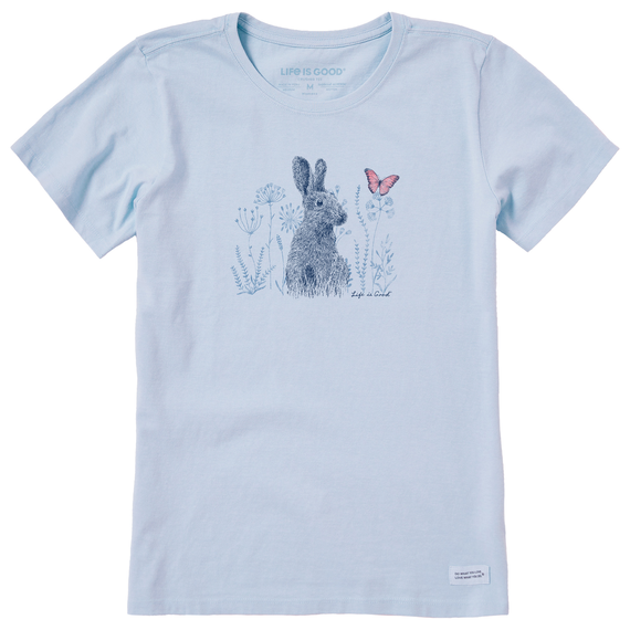 Life is Good Women's Bunny and Butterfly Crusher Short Sleeve T-Shirt in Glacier Blue Size Small | 100% Cotton