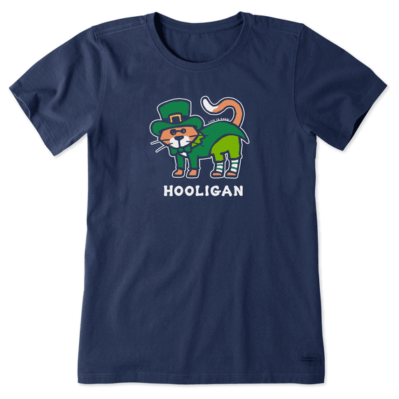 Life is Good Women's Cat Lucky Leprechaun Crusher Short Sleeve T-Shirt in Darkest Blue Size XS | 100% Cotton