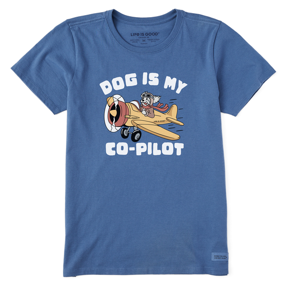 Life is Good Women's Dog is My Co-Pilot Crusher Short Sleeve T-Shirt in Vintage Blue Size Medium | 100% Cotton