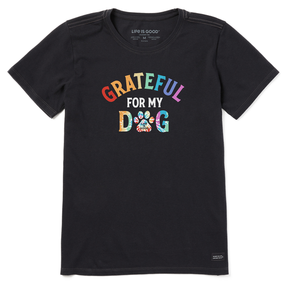 Life is Good Women's Grateful for my Dog Tie Dye Crusher Short Sleeve T-Shirt in Faded Black Size XS | 100% Cotton