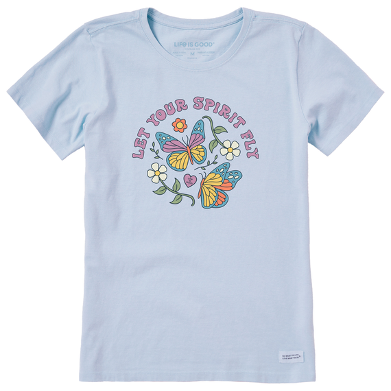 Life is Good Women's Let Your Spirit Fly Crusher Short Sleeve T-Shirt in Glacier Blue Size XL | 100% Cotton
