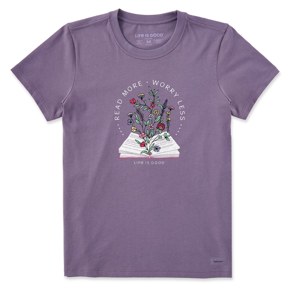 Life is Good Women's Read More Flower Book Crusher Short Sleeve T-Shirt in Dusk Purple Size XL | 100% Cotton