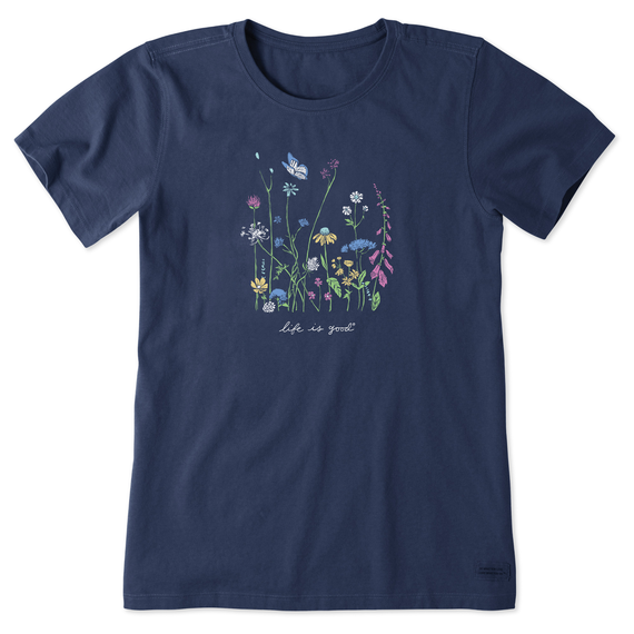 Life is Good Women's Realaxed Wildflowers Crusher Short Sleeve T-Shirt in Darkest Blue Size XL | 100% Cotton