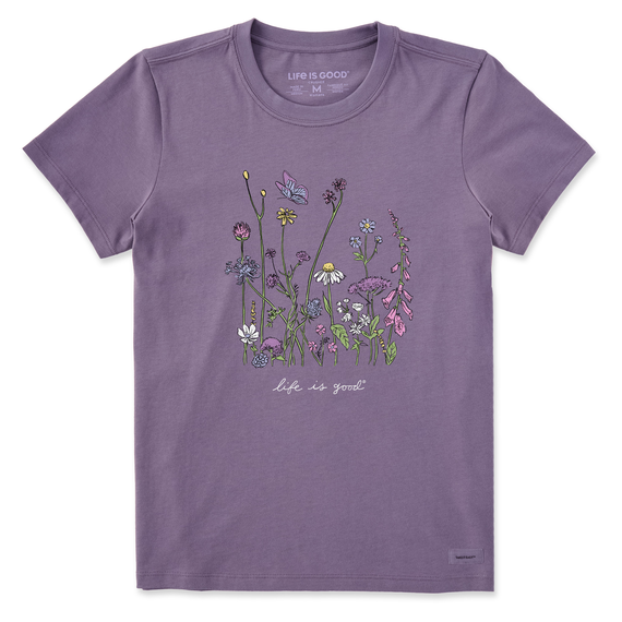 Life is Good Women's Realaxed Wildflowers Crusher Short Sleeve T-Shirt in Dusk Purple Size XS | 100% Cotton