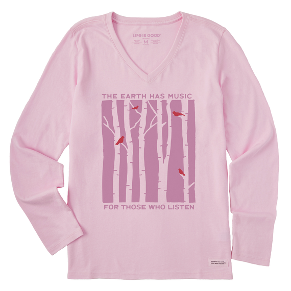 Life is Good Women's The Earth Has Music and Trees Long Sleeve Crusher Vee T-Shirt in Seashell Pink Size 3XL | 100% Cotton