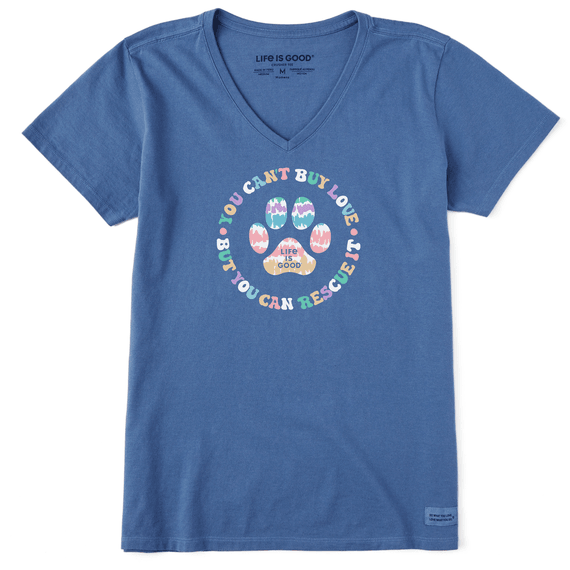 Life is Good Women's Tie Dye You Can't Buy Love Short Sleeve Crusher Vee T-Shirt in Vintage Blue Size Medium | 100% Cotton