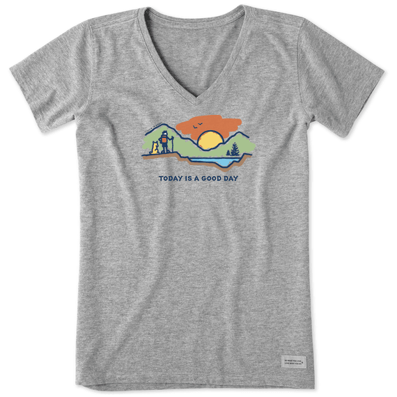 Life is Good Women's Today is a Good Day Mountain Hike Crusher Vee Short Sleeve T-Shirt in Heather Grey Size Small | Cotton Blend